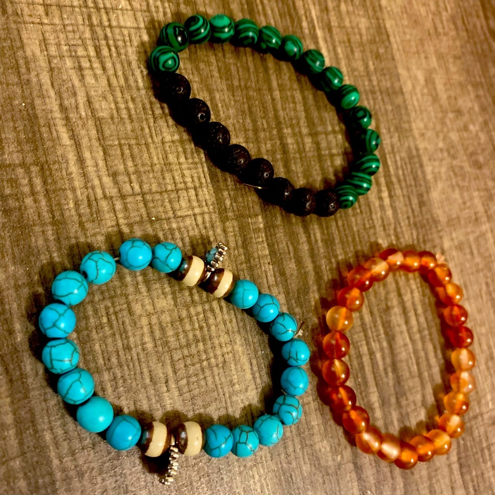 Blue howlite crystal and malachite crystal with lava bead bracelets